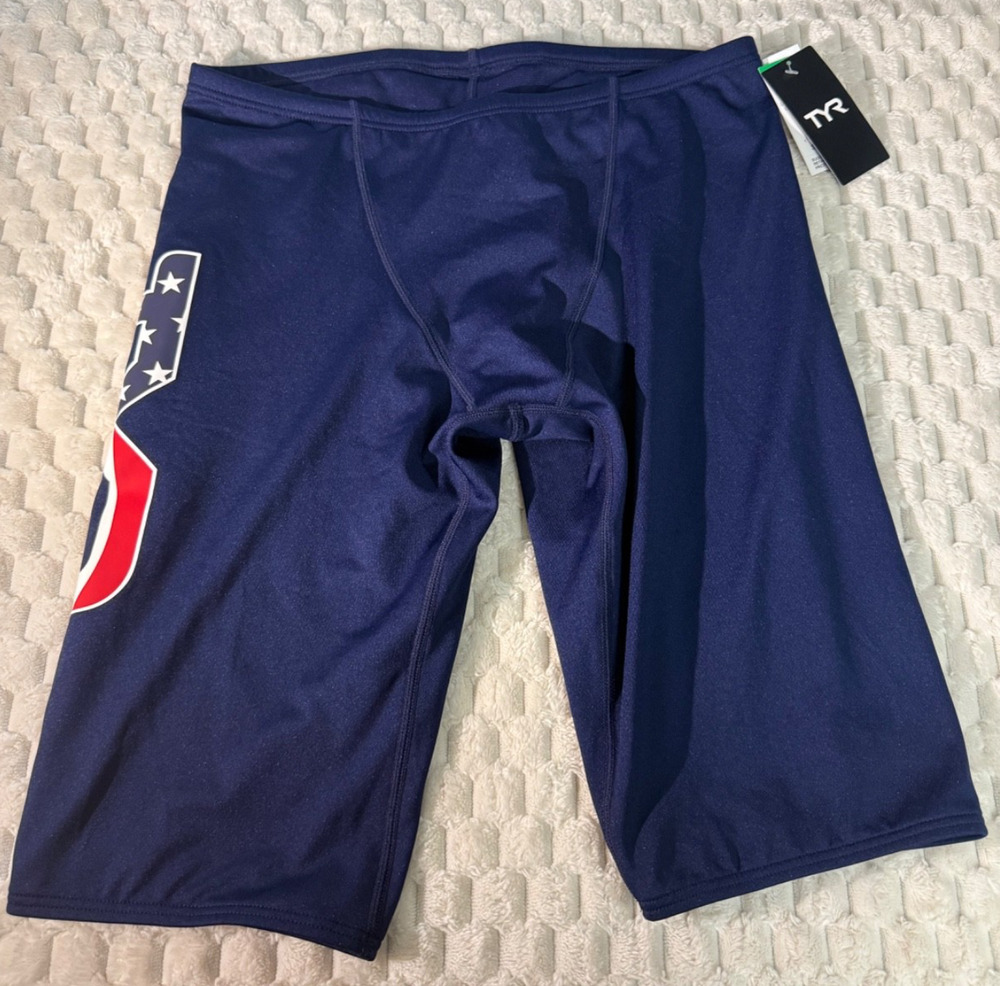 TYR Men's Jammer Swim Shorts Size 36 Large Navy Blue Logo NWT